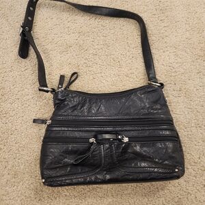Stone & Company Black Leather Purse 12" x 9" Shoulder Bag Strap Double Zipper #O